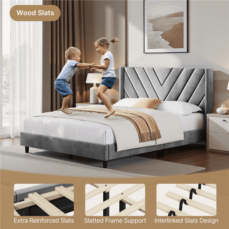 Yaheetech Queen Upholstered Platform Bed, Wingback photo 8