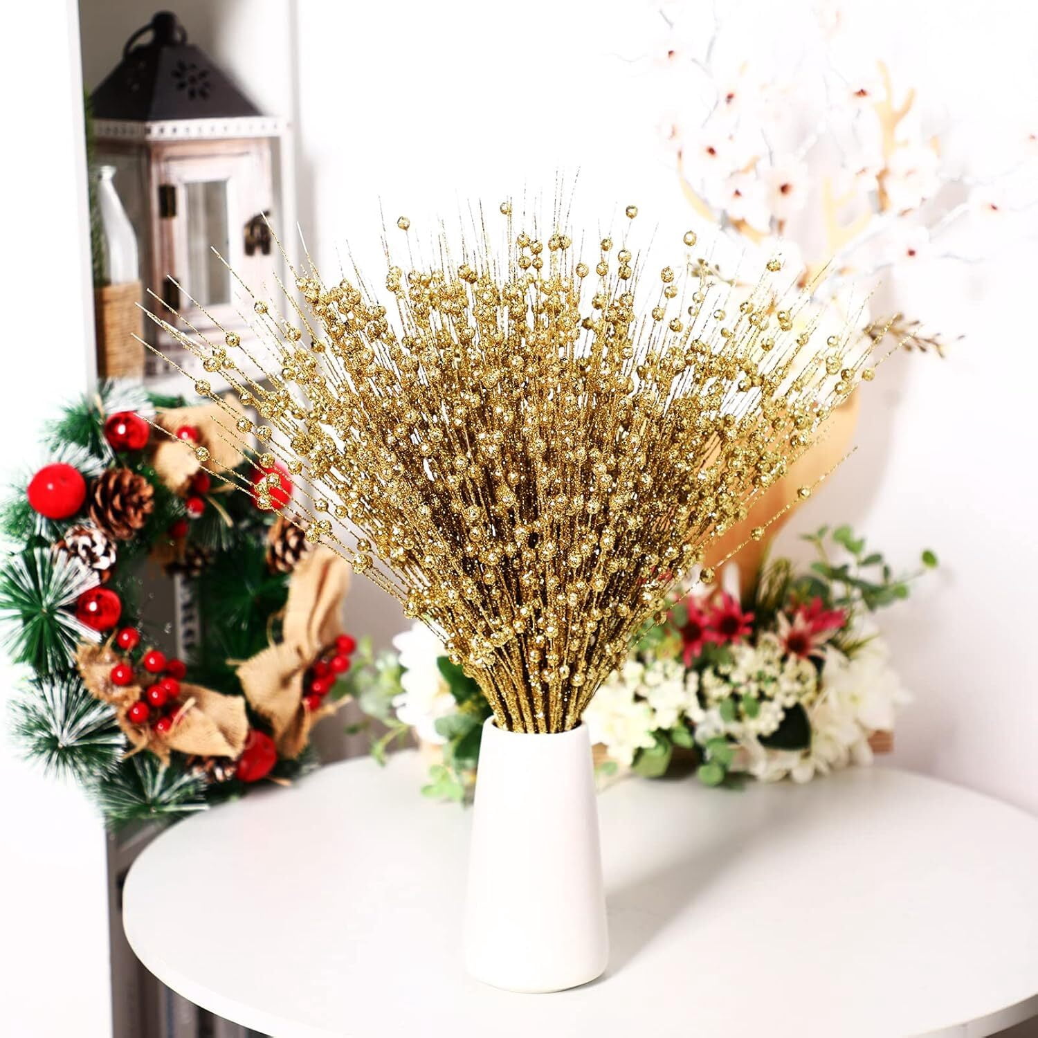 LQQBOX 10 Gold Artificial Glitter Berry Dry Ornaments 19.7 inch Fake Christmas Pick Decorative Glitter Stick Vase Christmas Tree DIY Wreath Crafts Fireplace Decoration