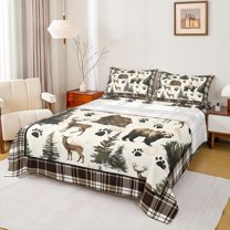 Feelyou Cabin Deer Moose Twin Sheet Sets for Teens, Junglw Bear Wildlife Twin Fitted Sheet, Rustic Tree Botanical Flat Sheet, Breathable Home Decor, 3 Pieces