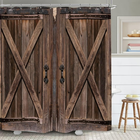 Stall Barn Door Bathroom Shower Curtain 36W by 72H Inch Wooden Wood Half Small Rustic Farmhouse Camper RV Polyester Fabric 12 Plastic Hooks Waterproof Decor