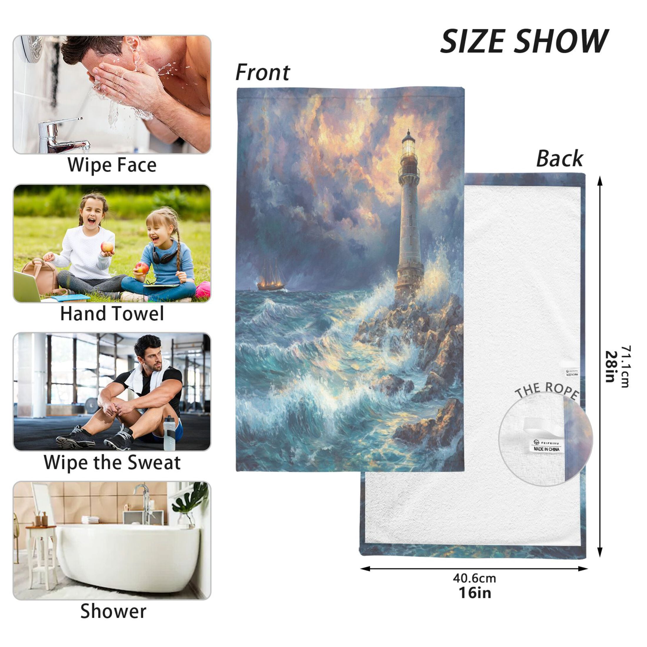 Cotton Towel Two-Piece 16x28 Inch One Sizex2 Face Towel Set Towel Set Cotton Hand Bath Towel Bathroom Beach Lighthouse at Sea