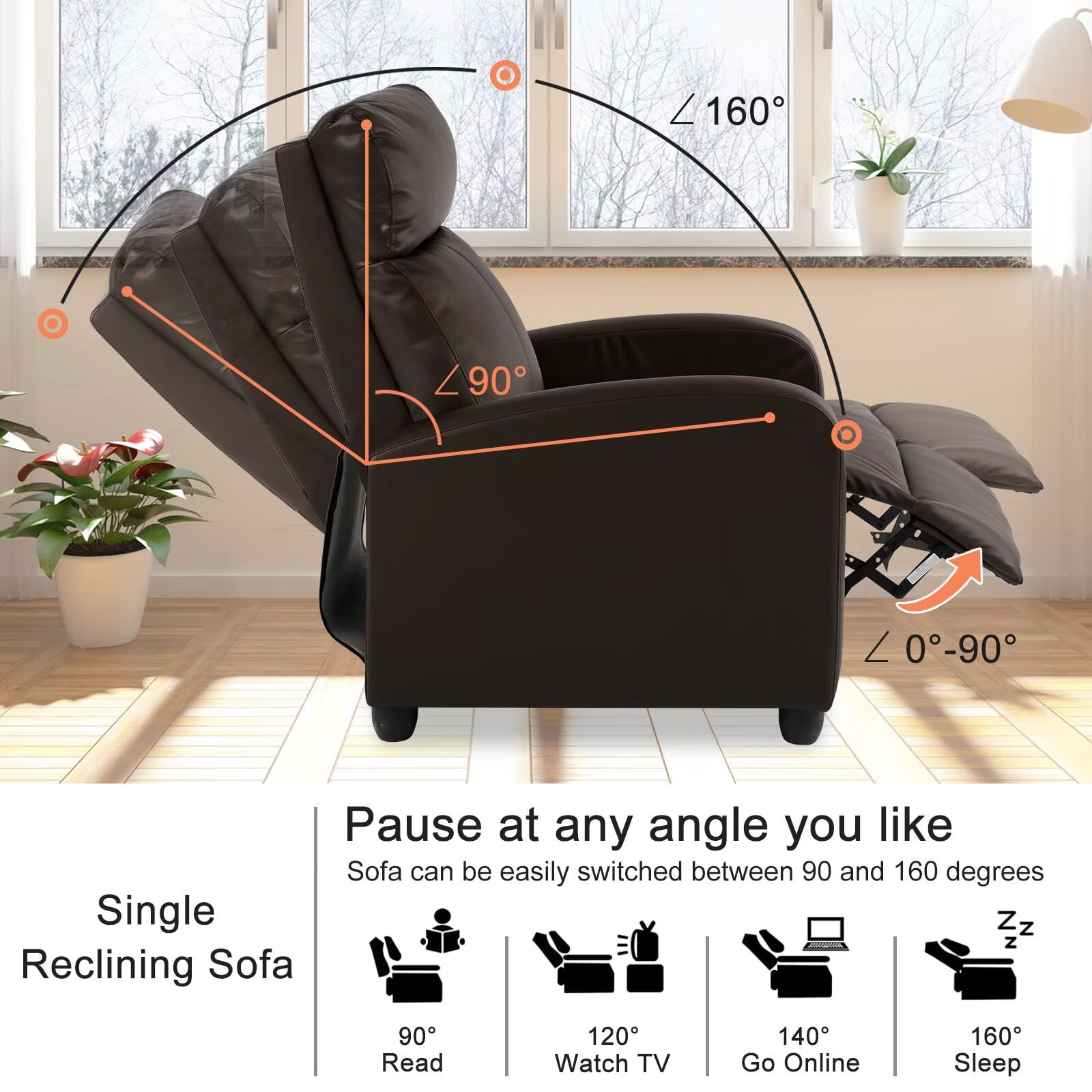 YRLLENSDAN Recliner Chair for Living Room Home Theater Seating Single Sofa Lounge with Padded Seat Backrest PU Leather for Adults, Brown