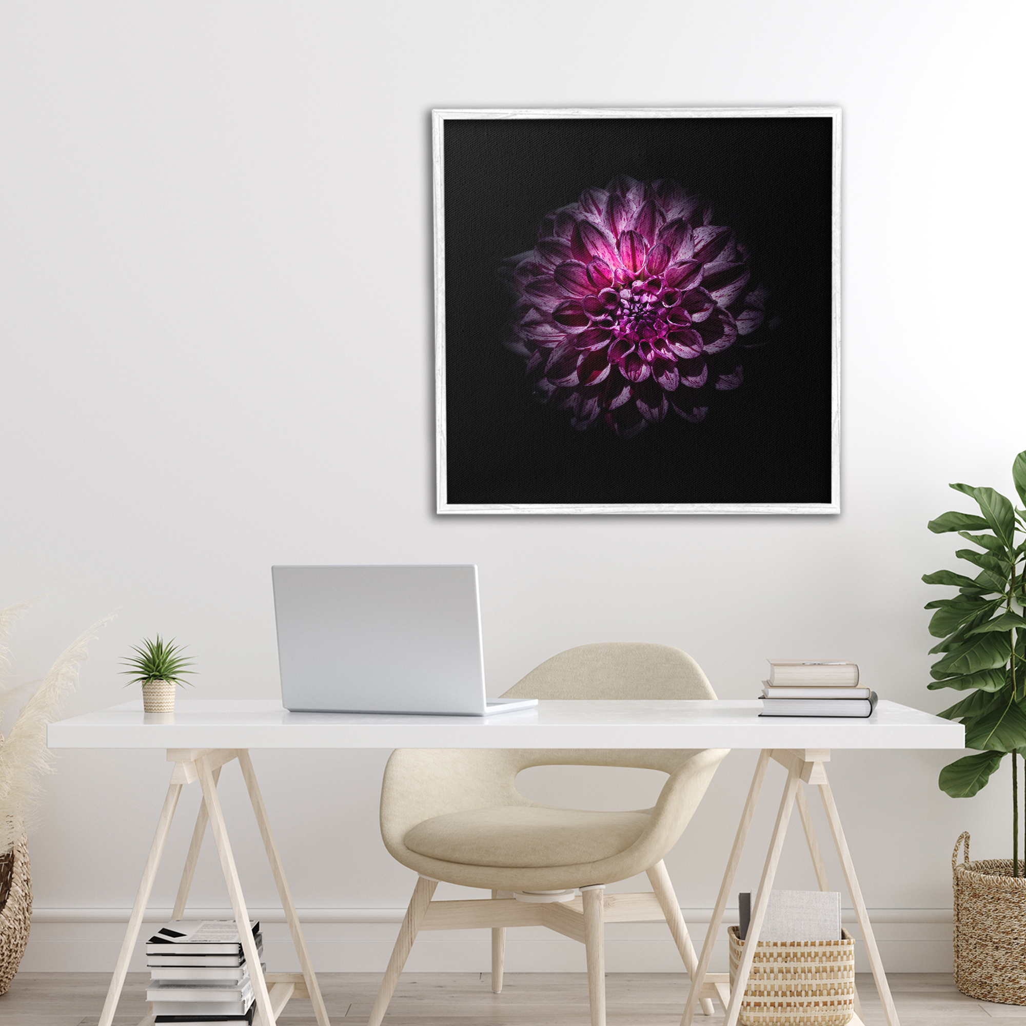 Purple Dahlia Dark Contemporary White Framed Giclee Art, design by Brian Carson Photography