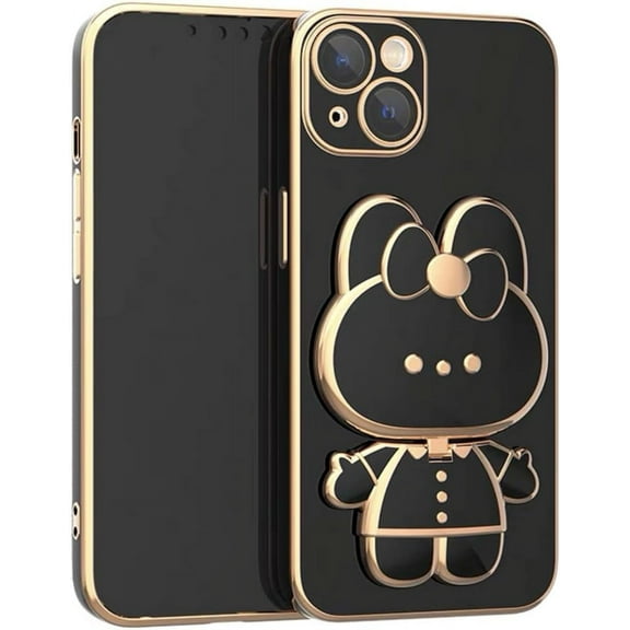 for iPhone 13 Case 6D Cute Bunny Mirror Stand,Luxury Plating Soft TPU Bumper with Camera Protection,Glitter Kawaii Folding Bracket Girly Phone Case for iPhone 13 for Women Girls Black