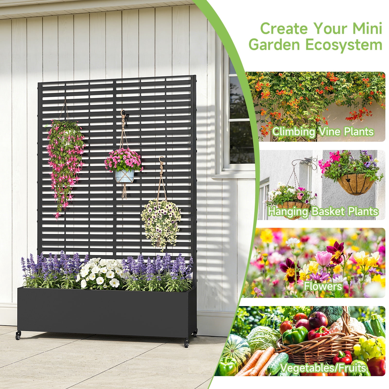 Dovov Raised Garden Bed with Trellis, Outdoor Metal Planter with Drainage Hole, Rolling Trellis Planter Box for Climbing Plants, 47"W x 73"H, Black
