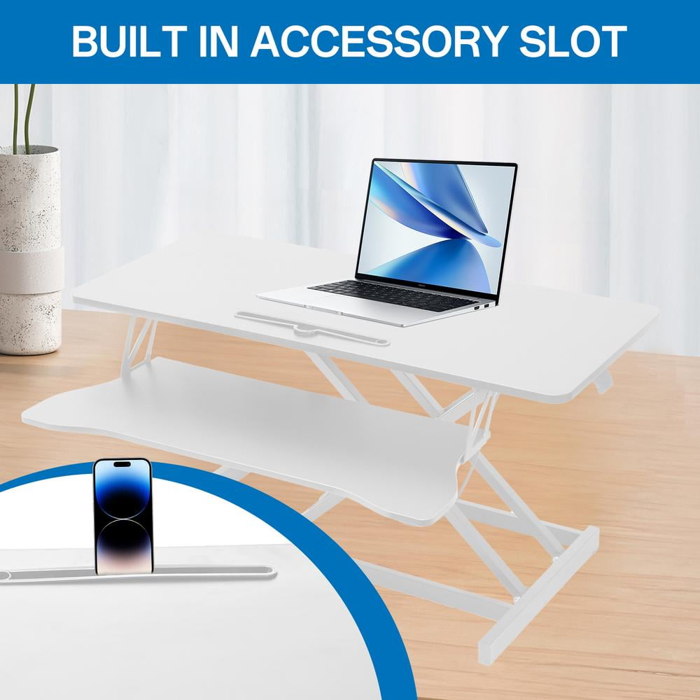 Adjustable Standing Desk Converter, Height Adjustable Desk Riser, Manual Pneumatic Spring Laptop Workstation with Keyboard Tray for Home, School (White)