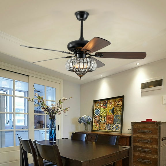 Loyalheartdy 52" Reversible Crystal Ceiling Fan with Light, Black Metal 3xE27 3-Speed Chandelier Pendant Fan W/ Remote