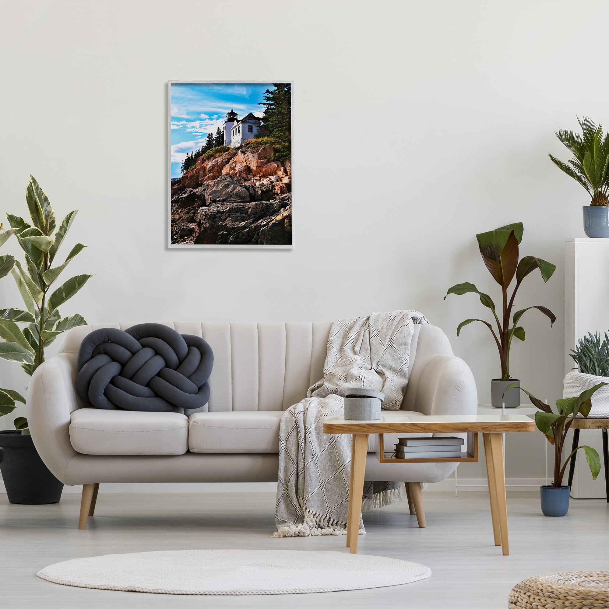 Stupell Industries Lighthouse on Cliff Nature Photography Gray Framed Art Print Wall Art, 24 x 30
