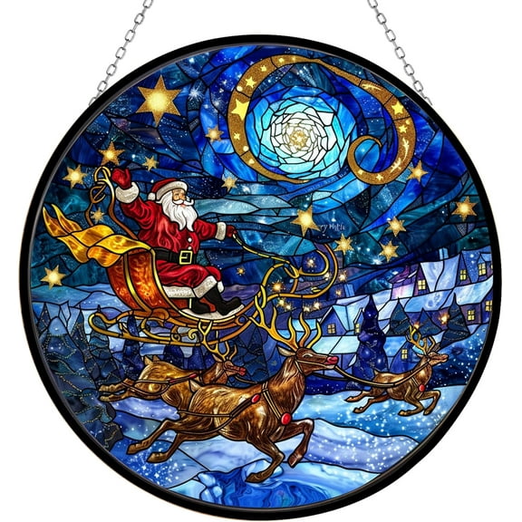 Santa Claus in The Xmas Night Stained Glass Window Hanging Sun Catcher Haning Ornament Decoration Christmas Birthday Gifts for Lover and Friends