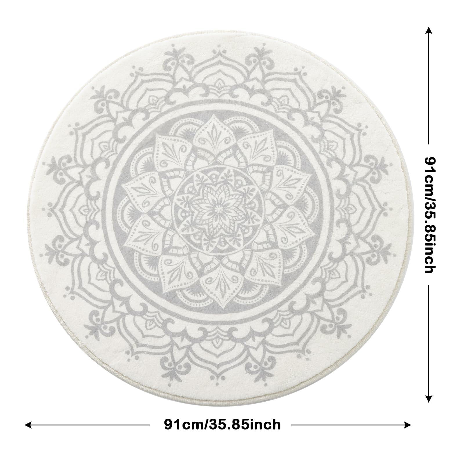 Carvapet Round Area Rug for Living Room, Non Slip Machine Washable Bathroom Rugs, Extra Soft Rugs for Bedroom, Boho Mandala Print Circle Rugs, 3ft Round Grey