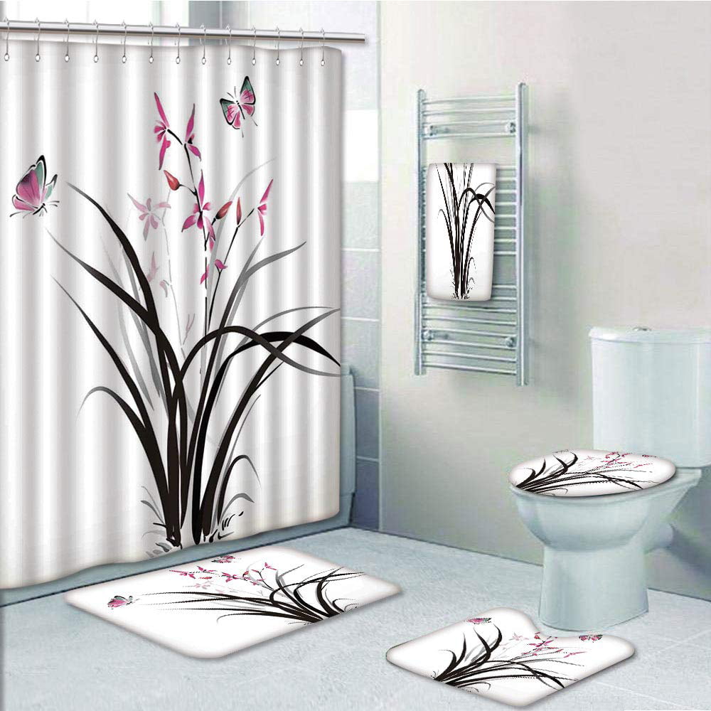 Butterfly Bathroom Rug Set Shower Curtain Bath Mat Non-Slip Toilet Lid Cover