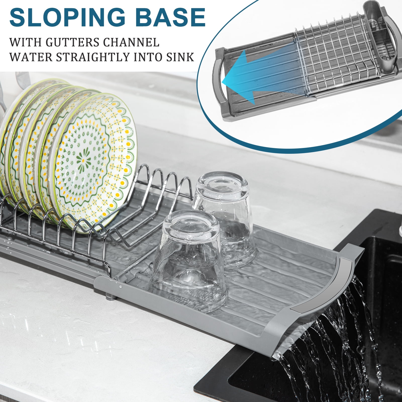 Dish Drying Rack, Extendable Dish Rack, Drying Rack Kitchen,Compact Dish Drainer,Utensil Holder, Cup Holder, Drying Rack for Kitchen Sink