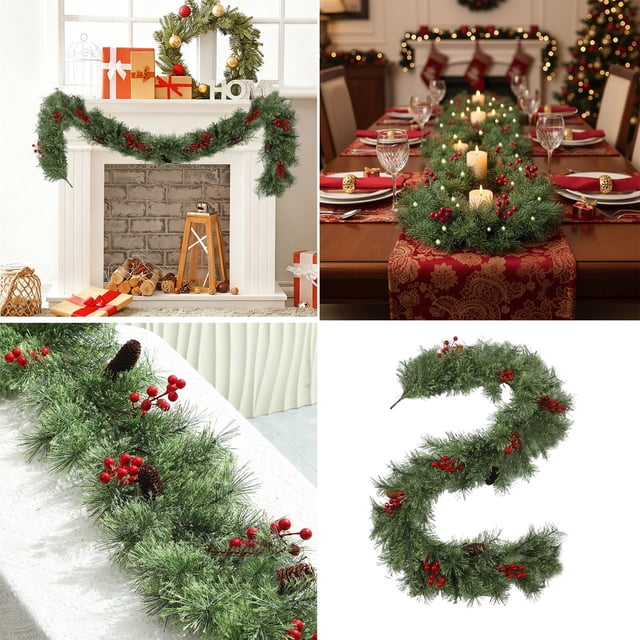 Fufafayo Guirlande de Noël à Moins de 5$, Couronne d'Aiguilles de Pin en Fleurs, Vigne Décorative de Baies Rouges, Rideau de Porte Décor Suspendu, Guirlande de Verdure Réaliste, Décor Suspendu Intérieur Extérieur