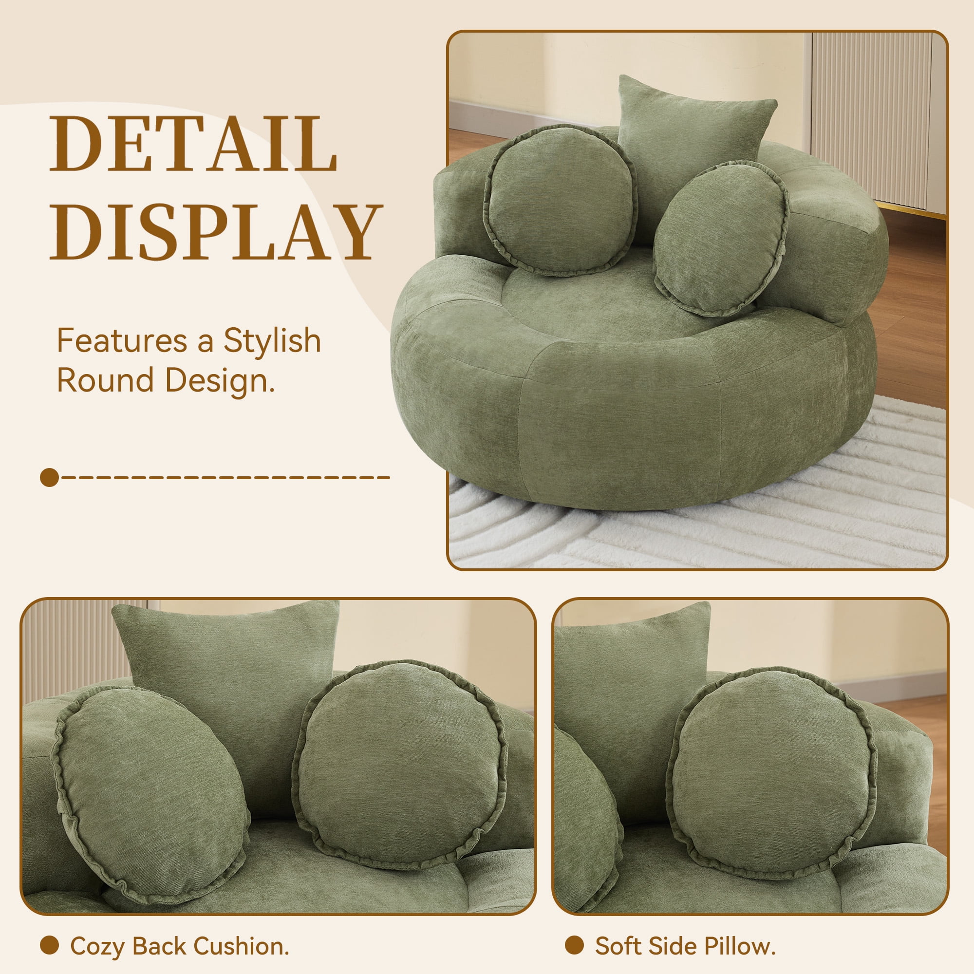 43'' Round Oversized Chaise Lounge Indoor Chair, No Assembly Chenille Compressed Circle Sofa Bed,Comfy Upholstered Sleeper Couch,Lazy Bean Bag Couch for Living Room, Bedroom,Green