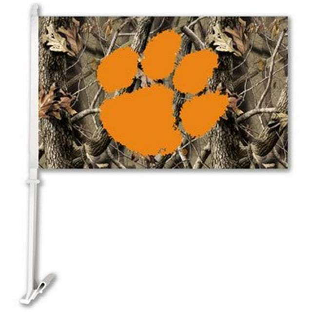Bsi Products Clemson Tigers - Car Flag With Wall Bracket - Realtree Camo Background