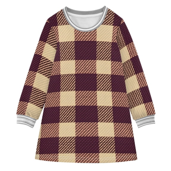 Burgundy Checkered Pattern Girls'long-sleeved dress Thickened A-dress Warm Dress Basic Shirt Party Dresses