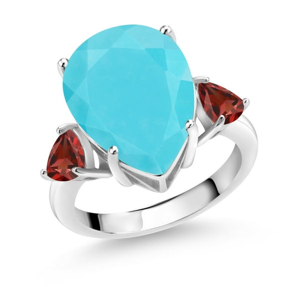 Gem Stone King 7.08 Ct Pear Shape Green Turquoise Red Garnet 925 Sterling Silver Ring (Size 7)