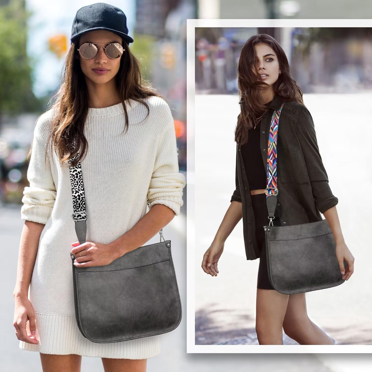 Kwuty Vegan Leather Crossbody Bags for Women, Crossbody Purse with Guitar Strap Zipped Pockets Handbag Shoulder Bag