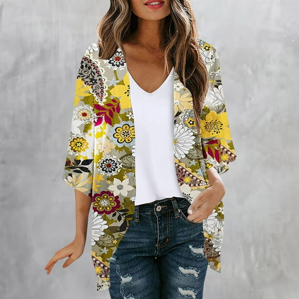 Cárdigan informal de moda para mujer, primavera y verano, estampado, manga 1/2, cárdigan de poliéster para mujer