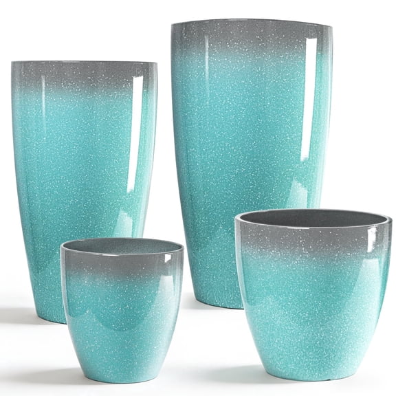 FIASON 4 Pack Large Plastic 24/21/12/10" H Sky-Blue peckled Tall Planters,Tall Plant Pots for Outdoor Indoor with Shelf Inset,Large Flower Pot with Drainage Holes for Front Porch Patio