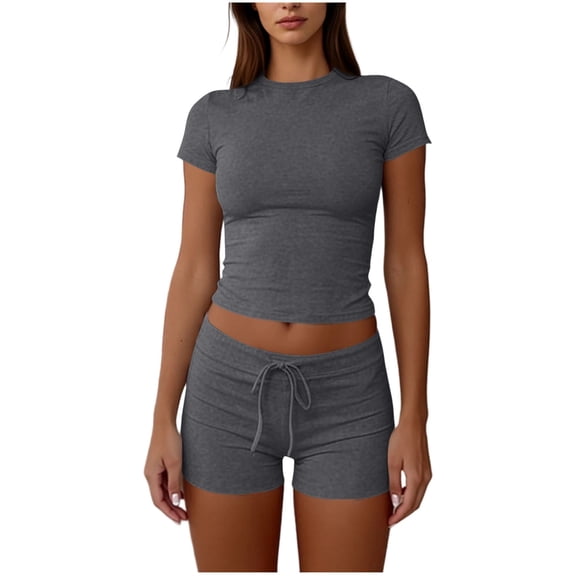 ZToonmas Women's 2 Piece Solid Color Outfit Crew Neck Short Sleeve Crop Top and Drawstring Biker Shorts Set