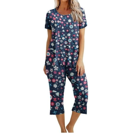 

Kukoosong Summer Saving Clearance! Two Piece Outfits for Women Pajamas for Women Solid Color Round Neck Short Sleeve Sleepshirt and Pants Sets Loungewear Pajamas with Pockets Print Navy S