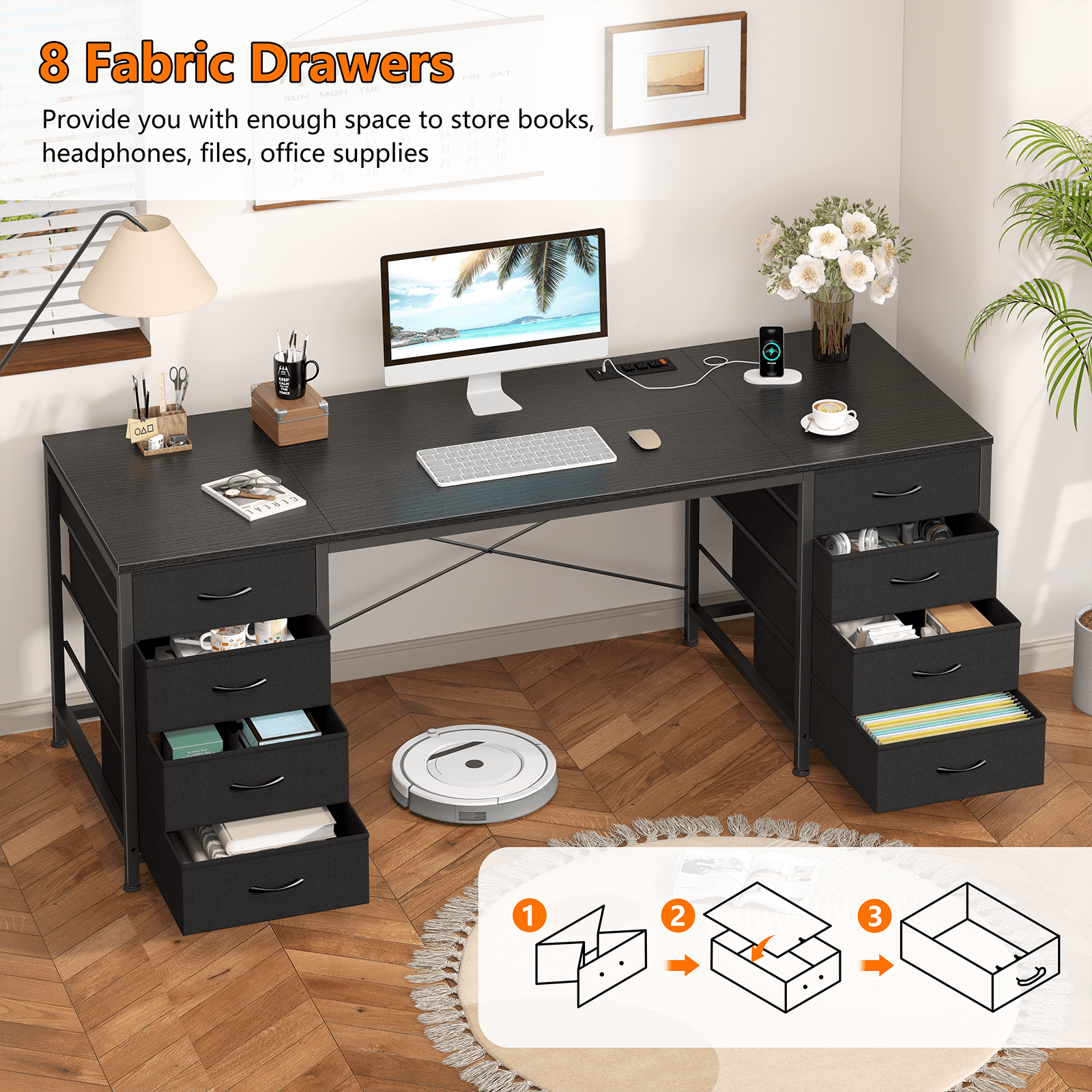 60 Inch Computer Desk with 8 Drawers, Home Office Desk with Power Outlets, Work Study Gaming Desk with 8 Fabric Drawers, Black
