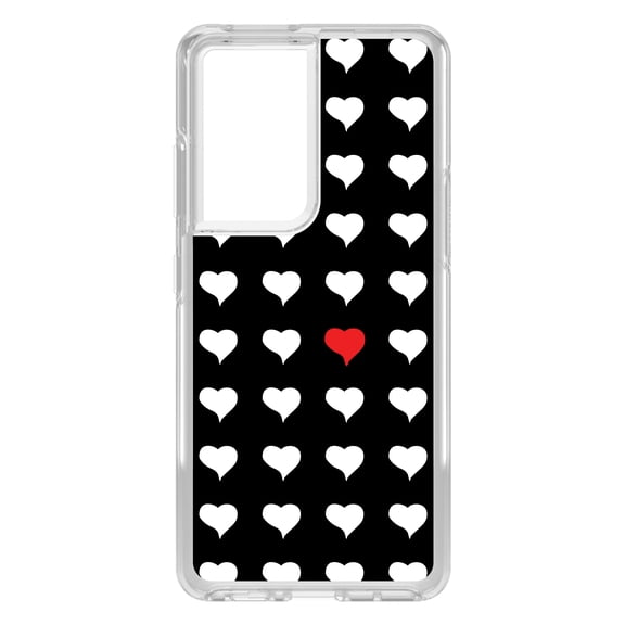 DistinctInk Clear Shockproof Hybrid Case for Galaxy S21 ULTRA 5G (6.8" Screen) - TPU Bumper, Acrylic Back, Tempered Glass Screen Protector - Red White Black Repeating Hearts