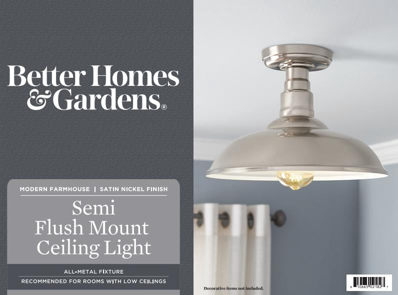 Better Homes & Gardens 12" Farmhouse Semi-Flush Ceiling Light, Satin Nickel, ST19 LED Bulb Included