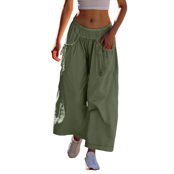 DHFJKG Women's Wide Leg Track Pants Drawstring Pockets Elastic Waist Solid Color Capri Hiking Pants Nice For Beach Trendy Trousers