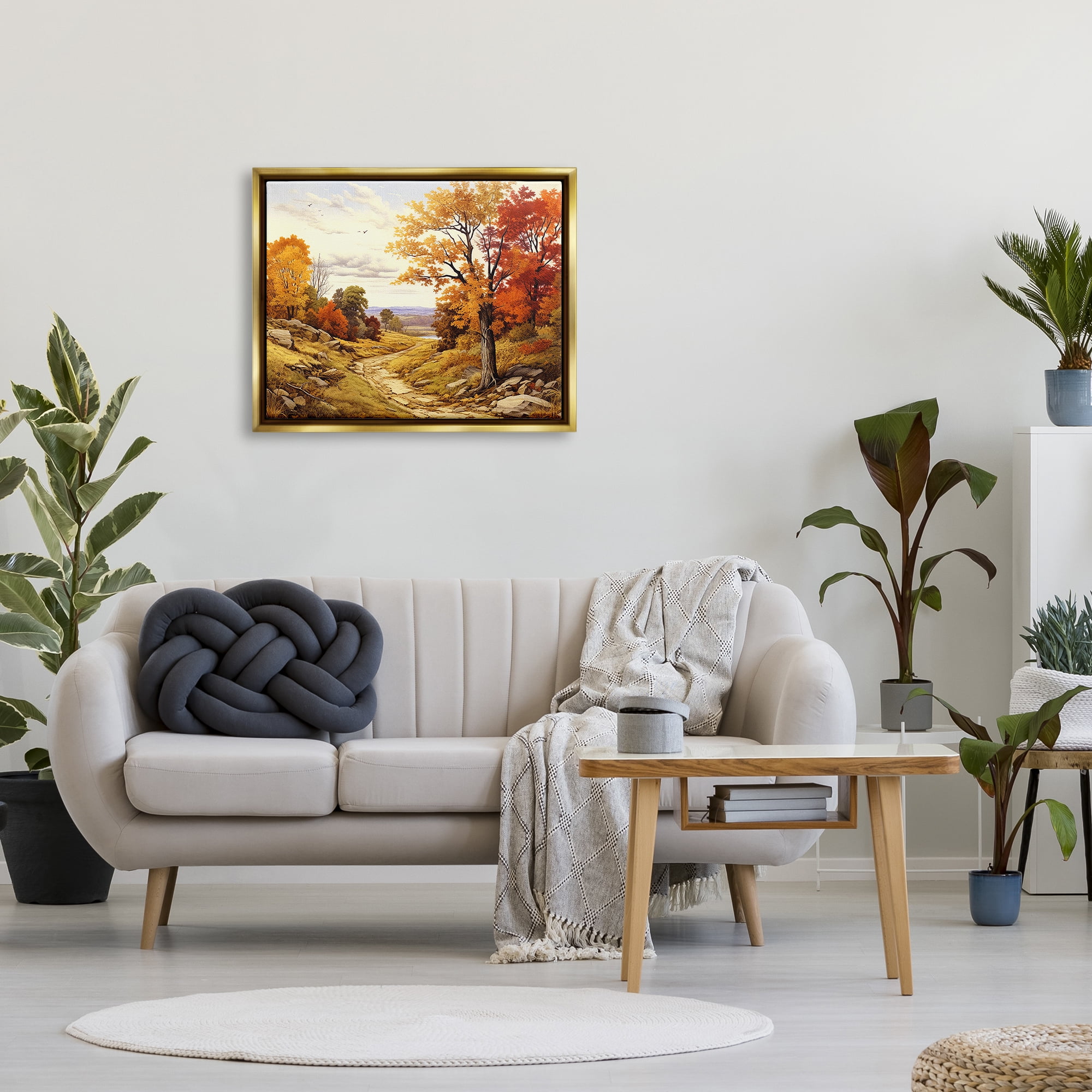 Stupell Industries Classic Fall Foliage Path Landscape Painting Gold Floater Framed Canvas Art Print Wall Art, 31 x 25