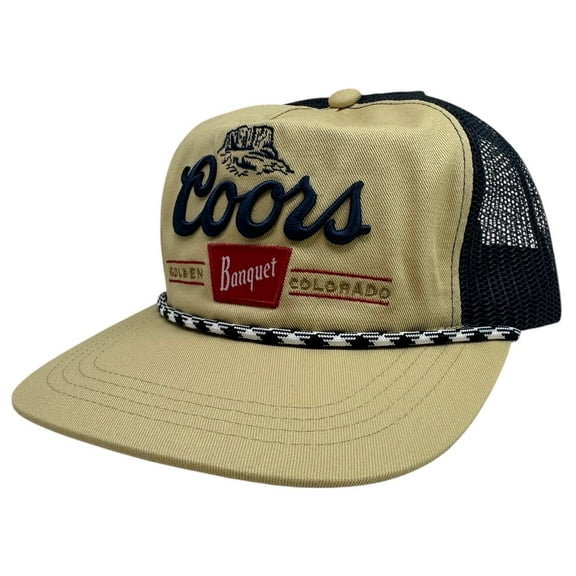 Coors Banquet Beer Men's Trucker Hat Embroidered Golden Colorado Snapback Cap (Washed Tan/Navy)