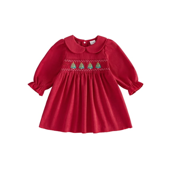 Cjfdfy Toddler Baby Girl Christmas Dress Embroidery Corduroy Smocked Collar Long Sleeve a-line Dresses Little Baby Cute My First Christmas Fall Winter Outfits 6M-4Y 