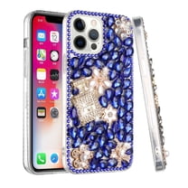 For Apple iPhone 14 (6.1") Bling Clear Crystal 3D Full Diamonds Luxury Sparkle Transparent Rhinestone Hybrid Cover ,Xpm Phone Case [ Blue Pearl Flowers Perfume ]