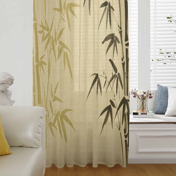 Vintage Bamboos Sheer Curtains 54 Inches Long for Living Room/Bedroom, Ink Painting Retro Art Rustic Rod Pocket Voile Kitchen Curtains & Drapes Window Treatment 1 Panel, 52"W x 54"L