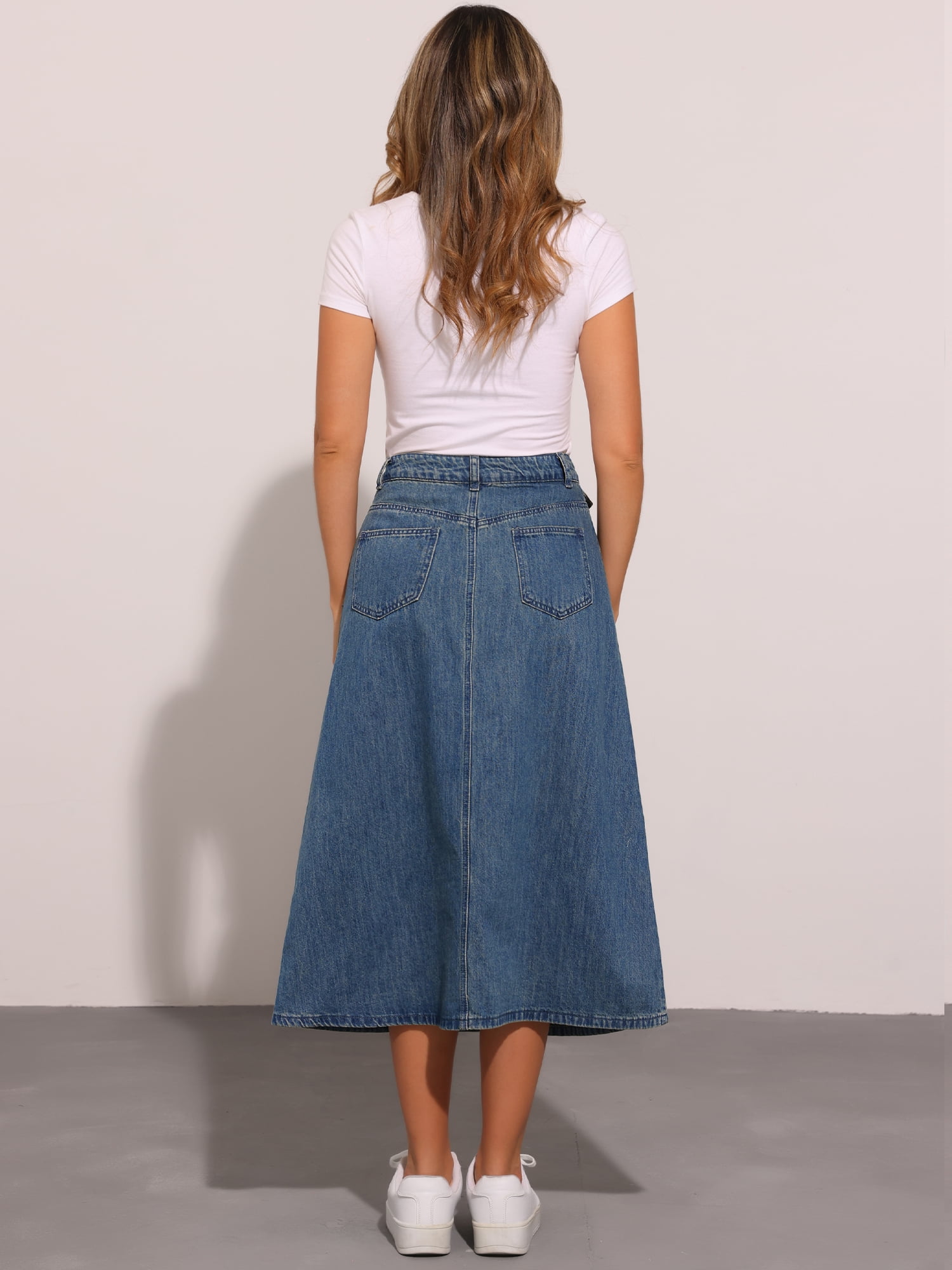 DARING DIVA Women's Flap Pocket A-Line Vintage Denim Maxi Skirt S Vintage Blue