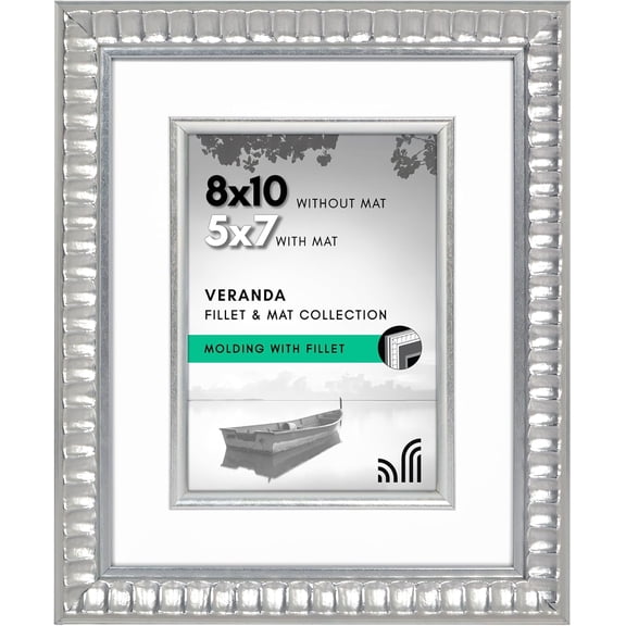 8x10 Picture Frame with Decorative Inner Mat Accent - Displays 5x7 Photos with Mat or 8x10 Without - Veranda Collection - Silver Vintage Frames with Shatter-Resistant Glass