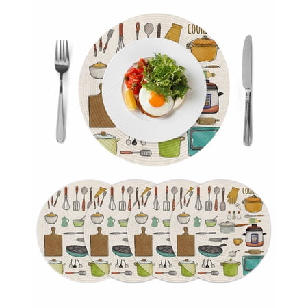 Kitchenware Round Placemats Set of 4 for Dinning Tables Heat-proof Braided Table Mats 15 Inch Vintage Kitchen Cooking Tool Retro Beige Washable Place Mat for Kitchen Restaurant Party Table Decor