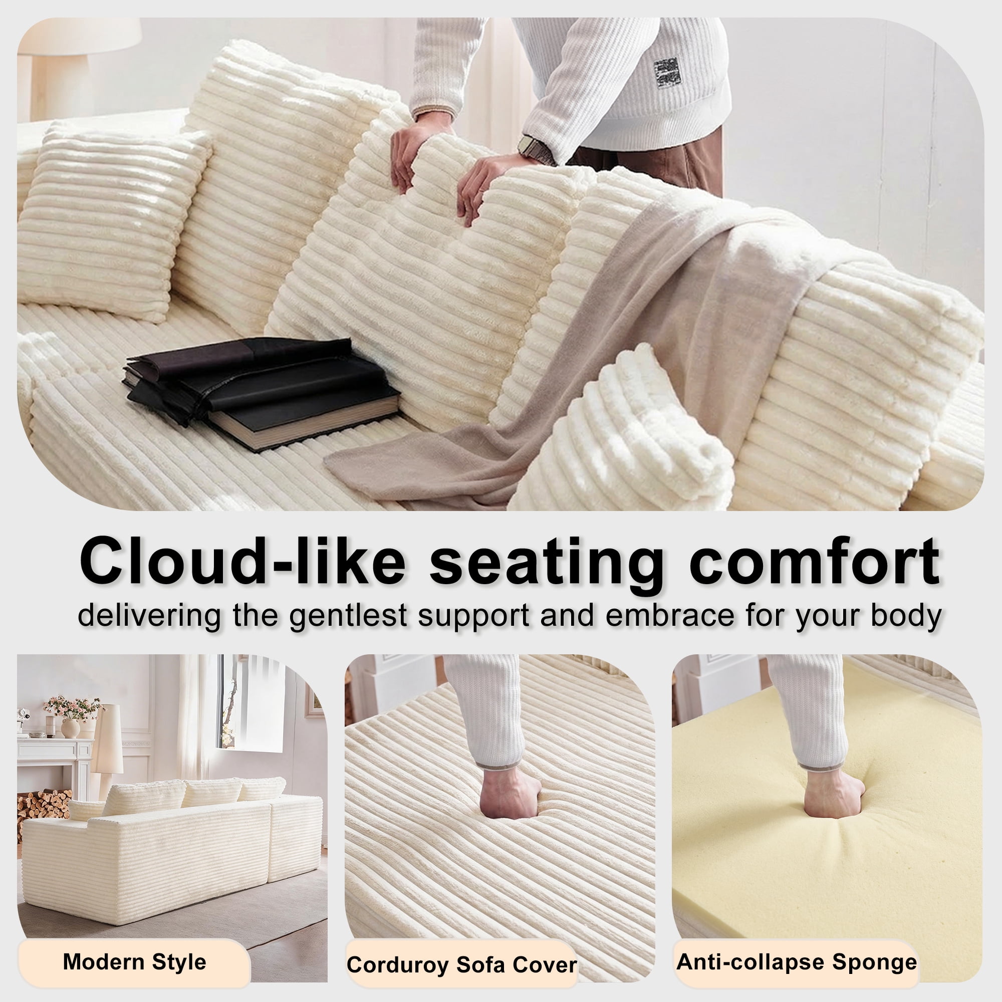 Actoroom 106" Modular Sectional Couch, L-Shape Boneless Cloud Couch, 4 in 1 Convertible Upholstered Sofa for Living Room Small Space, White