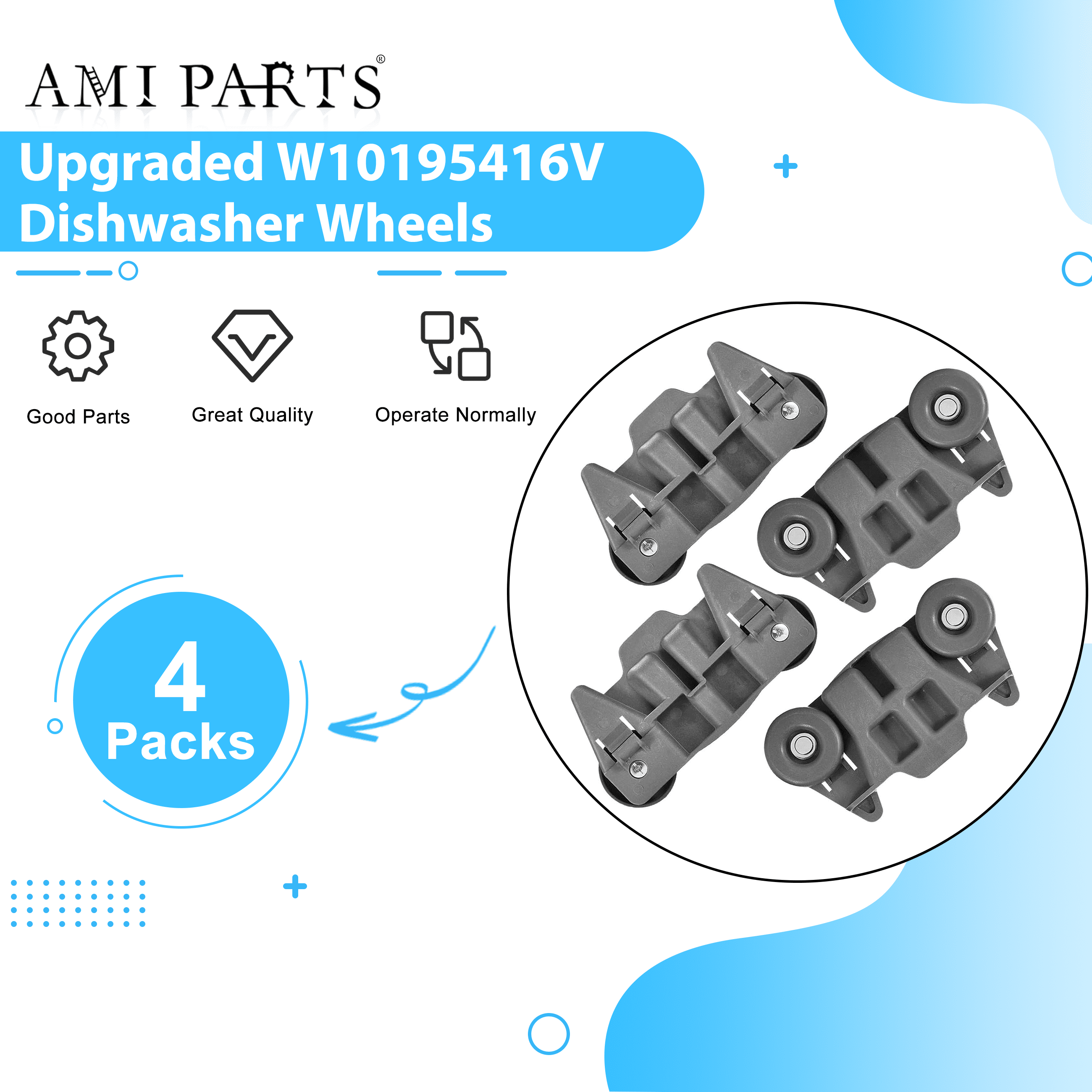 AMI PARTS W10195416V Lower Wheel Dishwasher Dish Rack Roller for Whirlpool W10195416 W10195416VP