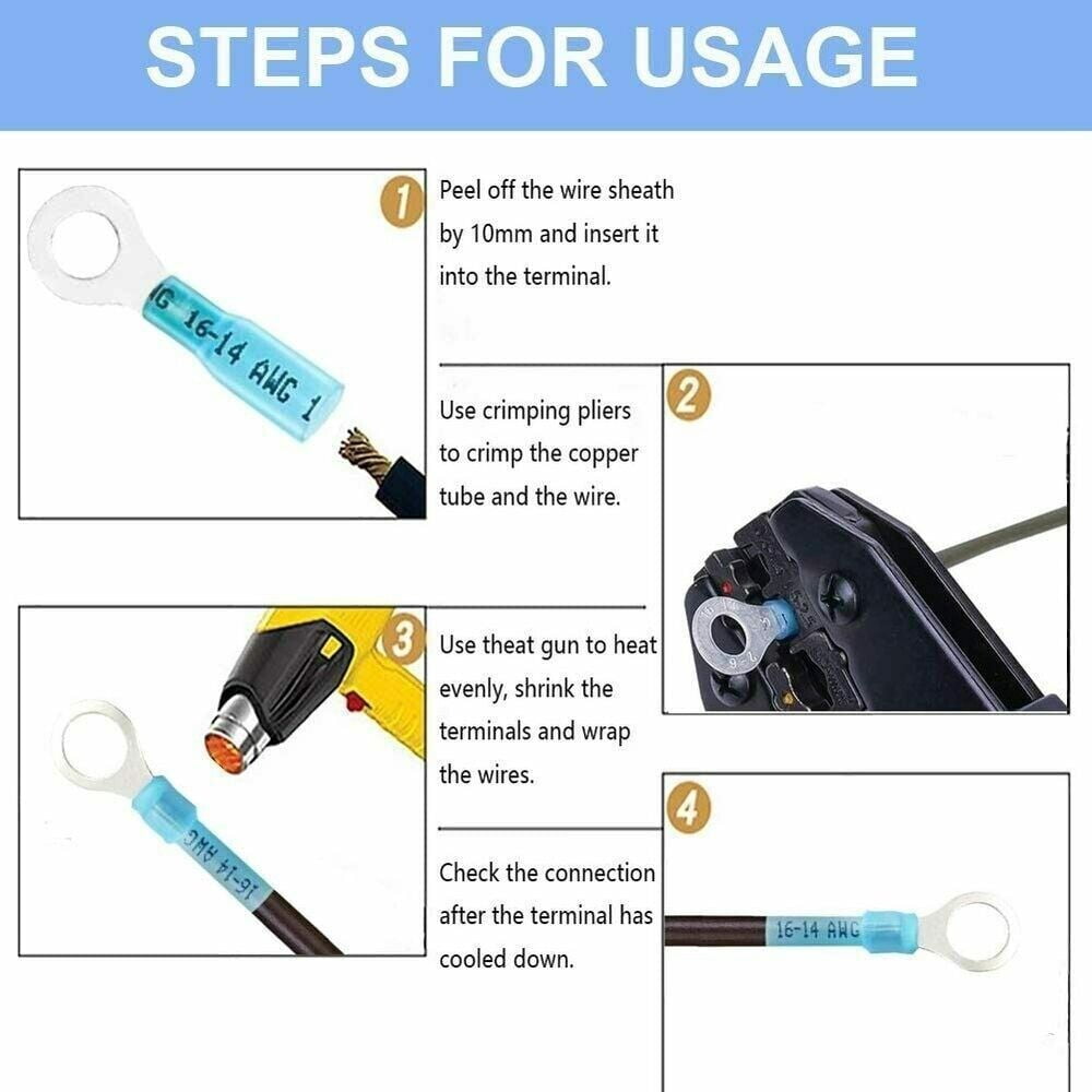 200Pcs Ring Eyelet Heat Shrink Wire 16-14AWG GA Gauge Connectors Terminals Kit