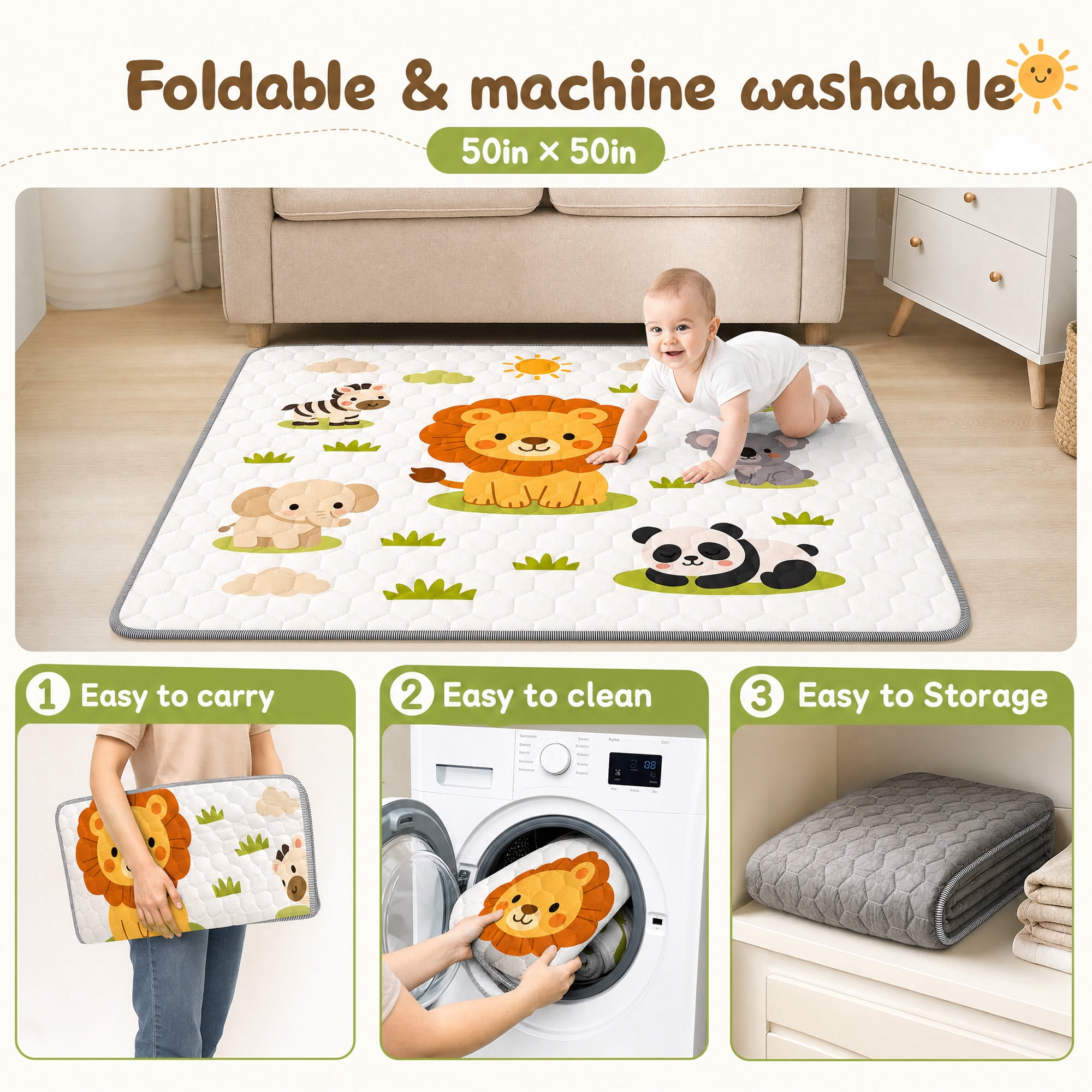 BEAUTYPEAK Baby Play Mat, 50"x50" Mat Perfect for Use Baby Playpen,Non-Slip Foldable Mat for Toddlers and Babies