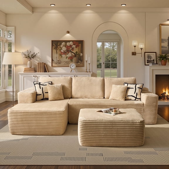 Ovios 106" Cloud Sofa Couch No Assembly Boneless Deep Seat Sofa with Ottoman for Living Room, Beige (Plush Corduroy)