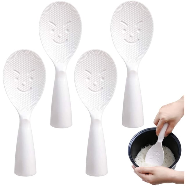 Paleta de arroz de 4 piezas con cara sonriente, cuchara de arroz antiadherente, espátula de arroz para servir de pie (blanco) Namotu ZJWJ599
