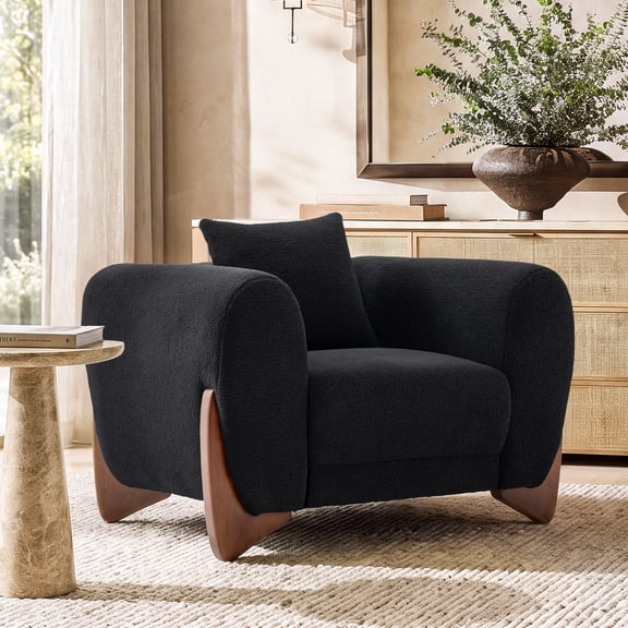 Morden Fort Sherpa Boucle Black Single Sofa , 44.25"W Cloud Upholstered Armchair Couch with Wood Leg, Black