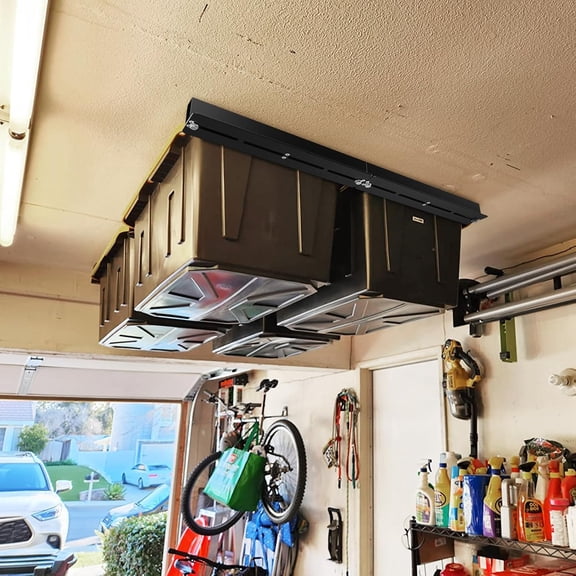 Overhead Garage Storage Rack Heavy Duty Ceiling System 17 Inch Adjustable Tote Rail 6 Sets for 5 Bins