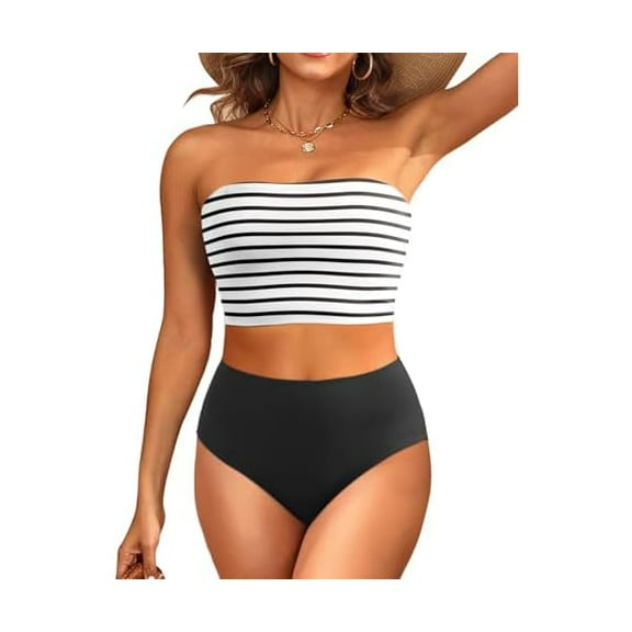 Women Bandeau Bikini Set Strapless High Waisted Two Piece Swimsuit Longline Bathing Suits