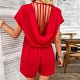 thumbnail image 3 of Women's Summer Short Sleeve V Neck Romper Back Hollow Out Jumpsuit with Pockets - Polyester Lightweight Comfortable Loose Fit for Beach Party Vacation, 3 of 5