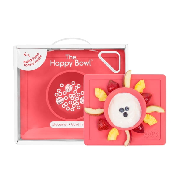 ezpz Happy Bowl - 24 meses + (Coral) - Ventosa 100% silicona con mantel individual incorporado - Apto para lavavajillas