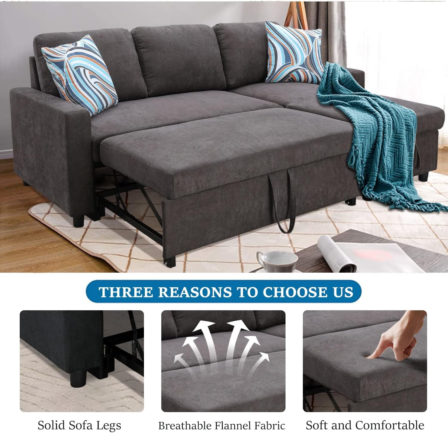 PonLiving 83" Reversible Sectional Sleeper Sofa with Storage Chaise Dark Brown Flannelette - Convertible L-Shaped Couch with Pull Out Bed